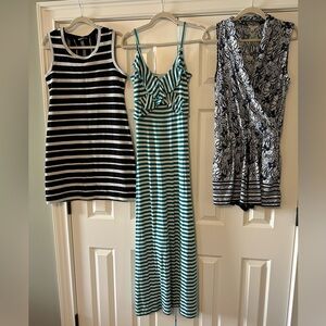 Green and White Stripe Maxi Dress + Romper + Black and White Stripe Short Dress